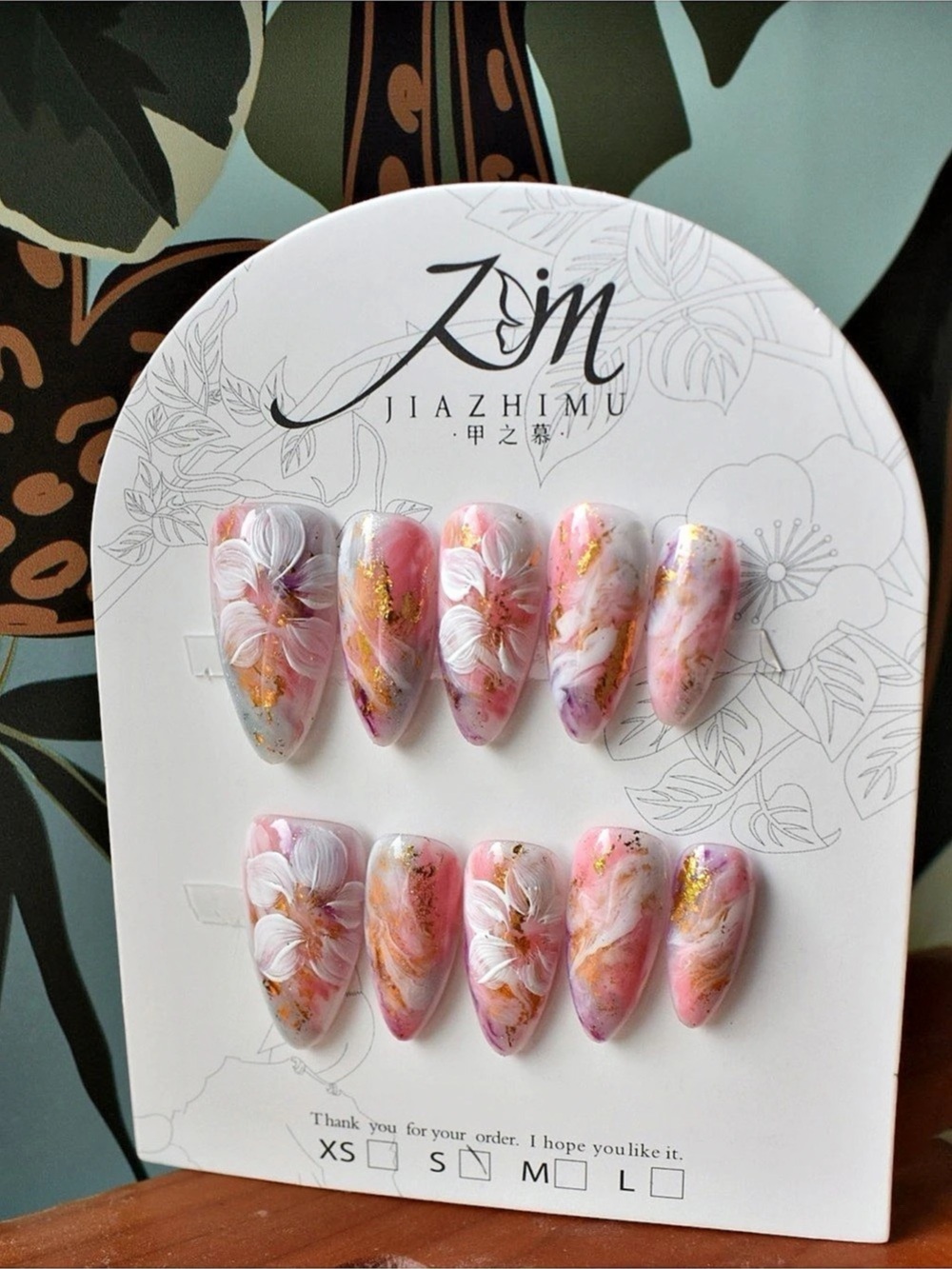 JIAZHIMU Pink Floral Press-On Nails Size Small 2.5 Length Gold Foil 3D Flowers